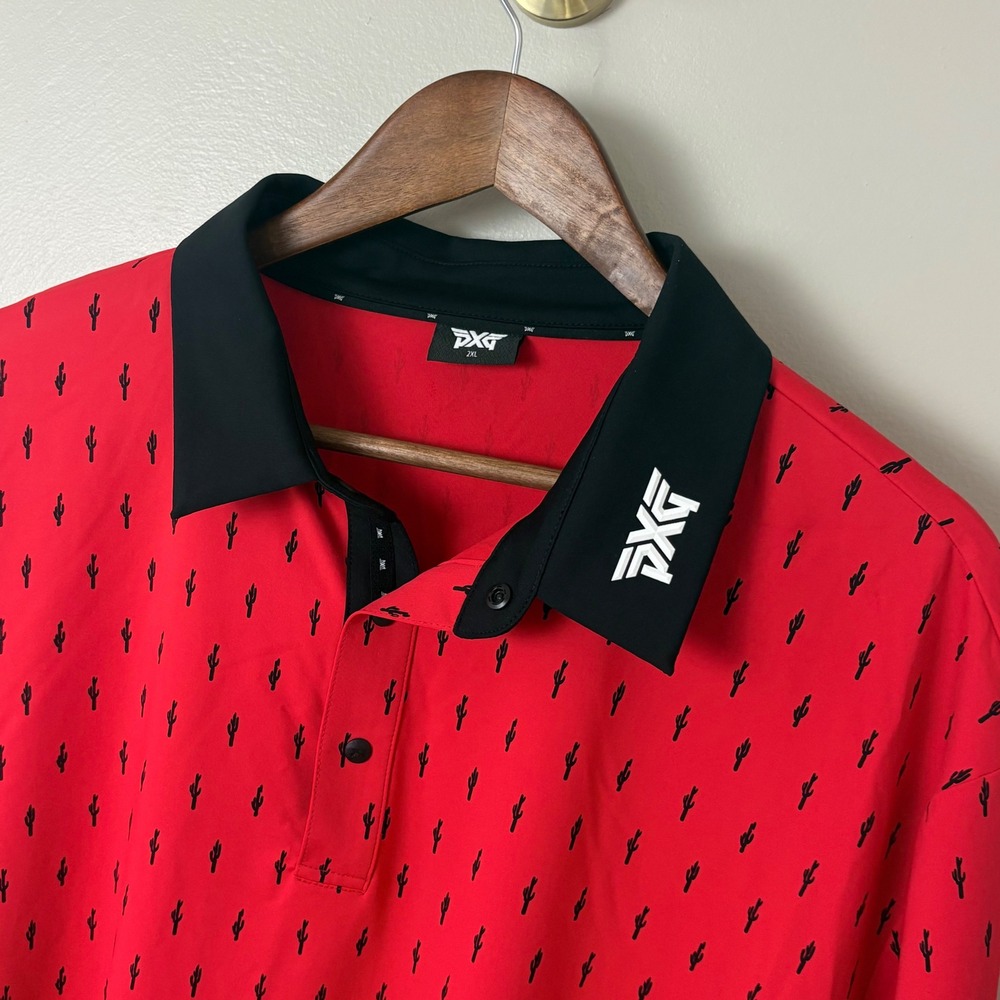PXG Cactus Print Polo Shirt Mens 2XL XXL Red Black Excellent Preppy Snaps Golf